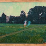 Painting of a firework going off in the middle of field with dark trees in the background