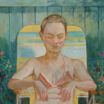 Painting of a woman in a lounge chair in a backyard with a wooden fence and red roses in the background. She is a stripped bikini top with her arms on the armrest of a yellow and blue stripped lounge chair.