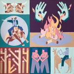 Painting with several different blocks with paintings of people and bulls and firewood and a fire.