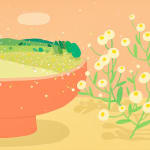 Danym Kwon - painting of a bowl with a landscape in it, outside the bowl on the right is a small bushes of pastel yellow flowers, the background is painted in light orange and the ground is in mustard yellow.