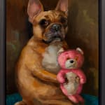 dog holding a pink stuffed teddy bear