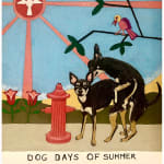 James Eddy - pastel drawing, from the left to right of the paper are two pink flowers, a red fire hydrant, and two black chihuahuas mating, a tree branch with a bird above the dogs, an angel in front of the sun and sky blue as background, on the bottom of the drawing wrote "dog days of summer," "July 15, 2021 San Francisco, California James H. Eddy III".