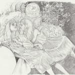 Drawing of two women, one whispering in the others ear. There is a moon in the background