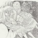 Drawing of two women, one whispering in the others ear. There is a moon in the background