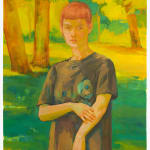 Painting of a woman standing in a grassy area surrounded by trees in the background. The woman is touching her arm, wearing a large black t-shirt and no pants on.
