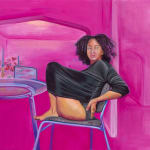 Chase Irvin - Painting of a women sitting in fetal position on a chair in a pink interior space.