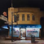 Kim Cogan painting of liquor store at night