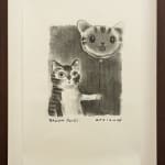 A drawing of a cat holding a balloon of a cat.