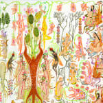 Detail shot of Mu Pan painting of animals and human hybrid creatures eating, fighting, sleeping, etc