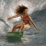 Painting of a woman surfing a wave on a green surfboard