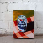 Painting of a Pabst Blue Ribbon can on a table with a red and pink table clothe