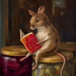 A painting of a brown mouse sitting on a jar of pickles reading a red book.