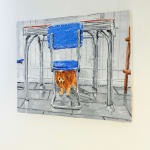 Painting of dog standing underneath a metal kitchen table with a blue chair by Emilio Villalba.