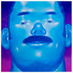 Painting of a man's face in blue with a bright purple background