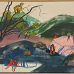 framed painting of various people standing and sitting around a hilly natural environment