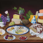 Casey Gray - Spray Painting of a table of cheeses, fruits, and leaves of plants in front of black background.