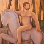 Painting of a naked man riding a white horse in the woods. The man is looking over his shoulder and the house is standing near a pedestal.