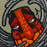 Painting by GATS of a GATS character in red and orange with long tentacles wrapping around its head and the corners of the painting