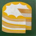 Painting of a yellow cake with a slice cut out of it.