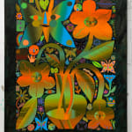 Rachel Hayden's painting of orange and green flowers with faces
