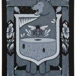 Gray-scale painting of a crest like composition depicting a growling bear, flowers, a bee with its wings stretched out flying above a log by artist Jeremy Fish.