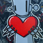 grey robot holding a red heart with his hands