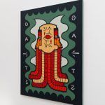Painting by GATS of one of their characters in yellow, red and orange on a green and black background