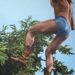 Painting of a man falling from the sky over a green plant. The man is wearing short denim shorts, brown cowboy boots and has long hair