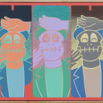 Painting of a figure with a skeleton face wearing a beanie and a collared jacket with his hands up around his face.