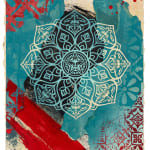 white mandala on a blue, red, and beige background