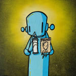 blue robot holding a spray paint can and sign that says "Found" against a gold background