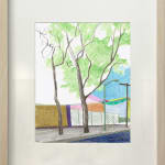 framed drawing - sketch two trees on a sidewalk with street lamps