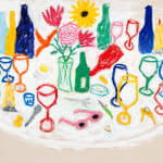 Still life painting of a white round table with various empty stemmed glasses, colorful wine bottles, a vase of flowers, pink sunglasses, gold keys on a keyring, silverware and candlesticks by Michael McGregor.
