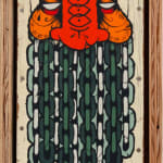 GATS character with orange and red face and a beard made out of green chains painted on a white piece of wood.