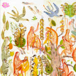 Detail shot of a painting by Mu Pan of creatures, animals and human hybrids eating, sleeping, killing, flying and climbing