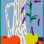 Painting of a white jug with a handle and black lines. There is a yellow vase with purple flowers in it and three oranges in on the black table and a light blue background.