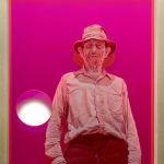 painting of a pink man over a hot pink background