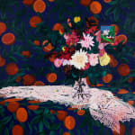Painting of a bouquet of flowers in a clear short vase on top of a dolly. The flowers are on a table like surface that blends into the walls. They both have a patterned design of dark oranges on the vine on a dark blue background.