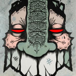 image of green and pink mask tribal mask on a grey background