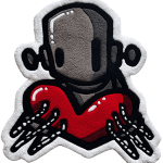 rug in the shape of a grey robot holding a red heart