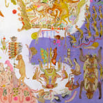 Detail shot of Mu Pan painting of animals and human hybrid creatures eating, fighting, sleeping, etc