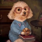 A painting of a seated white dog wearing square glasses, a blue shirt, holding a stack of books and a muffin.