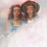 painting of two woman amongst misty clouds by Alex Garant