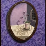 framed Minyoung Kim painting of oval mirror on purple floral wallpaper. Mirror is showing image of potted flowers, whose shadows are menacing and snake-like