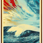 wave scene with the sky in a blue palette with red and yellow highlights in the sky