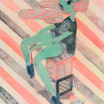 A painting by Kelly Tunstall of a girl character tying her shoes sitting on two crates. The background is striped and her hair is filled with a checkered pattern.