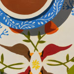 Natalia Juncadella painting of coffee cup and plants on background with birds and lemons detail