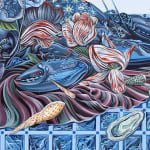 Detail of Sabrina Bockler painting of feast on table piled up - lobsters, florals, melons, etc