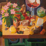 Painting of a wooden kitchen island with several cooking utensils and food on it. There is also an orange cat in the background looking up at the counter on a bright purple rug.