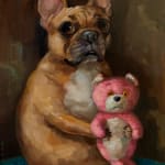 dog holding a pink stuffed teddy bear